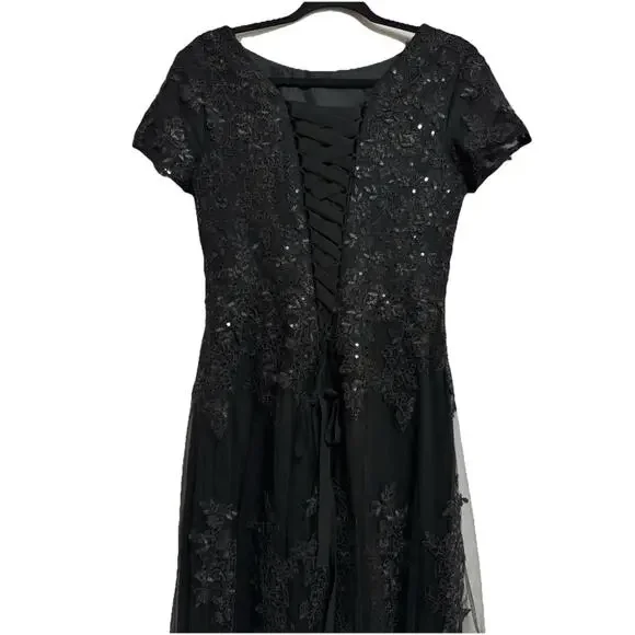 Women’s Black Lace Maxi Dress Size 12 Formal Short Sleeve Drawstring Prom NWOT - Picture 6 of 16